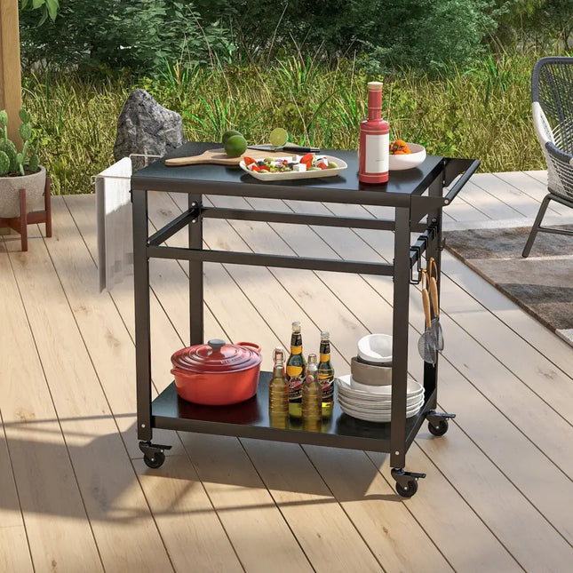 Double-Shelf Movable BBQ Cart with 4 Lockable Wheels - Black - Outdoor Grills
