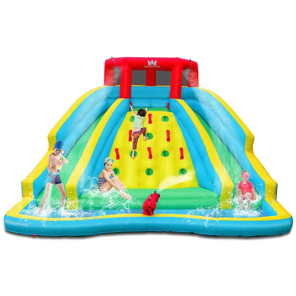 Double Side Inflatable Water Slide Park with Climbing Wall for Outdoor Without Blower - Blue - Inflatable Water Slides