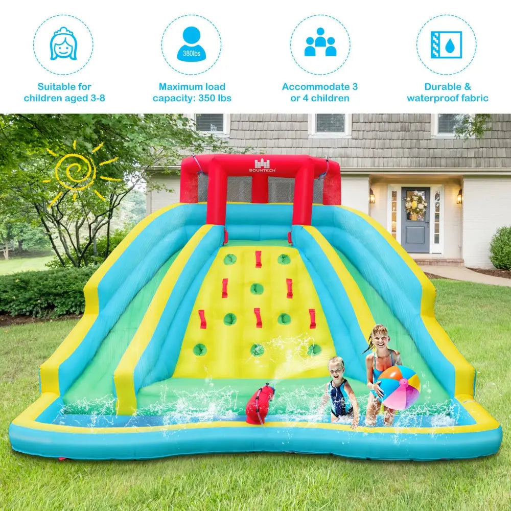 Double Side Inflatable Water Slide Park with Climbing Wall for Outdoor Without Blower - Blue - Inflatable Water Slides
