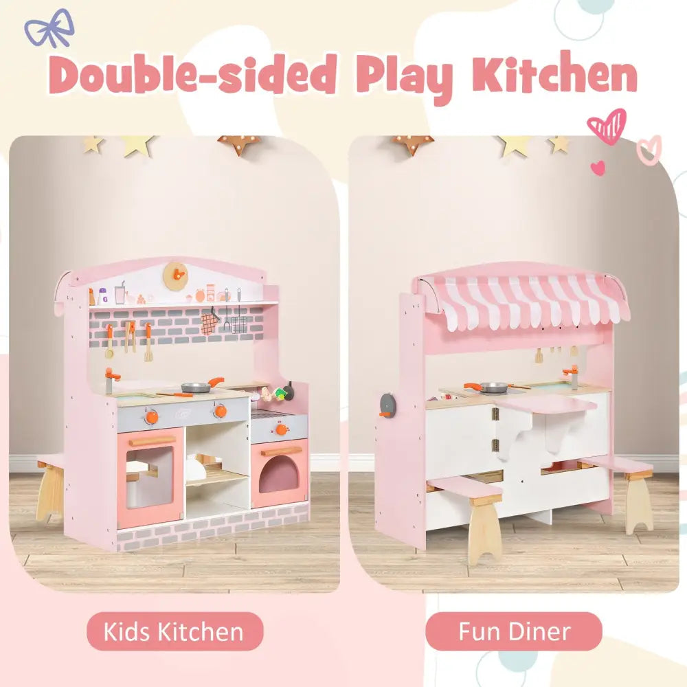 Double-Sided Kids Play Kitchen Set with Canopy and 2 Seats - Pink - Play Kitchen Sets