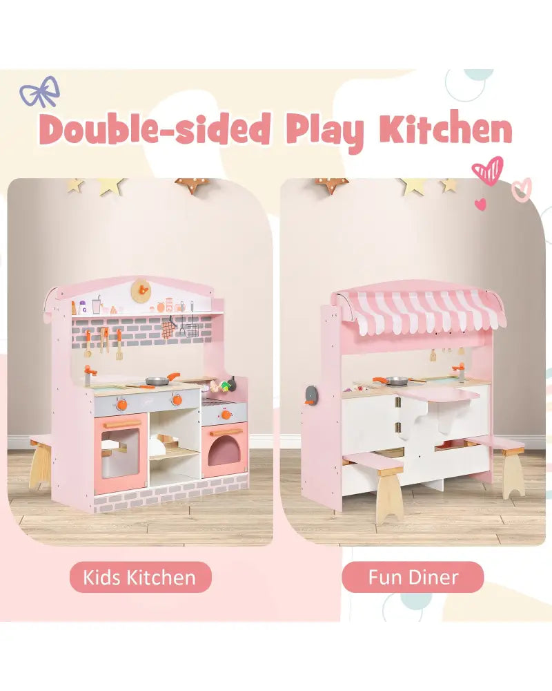 Double-Sided Kids Play Kitchen Set with Canopy and 2 Seats - Pink - Play Kitchen Sets