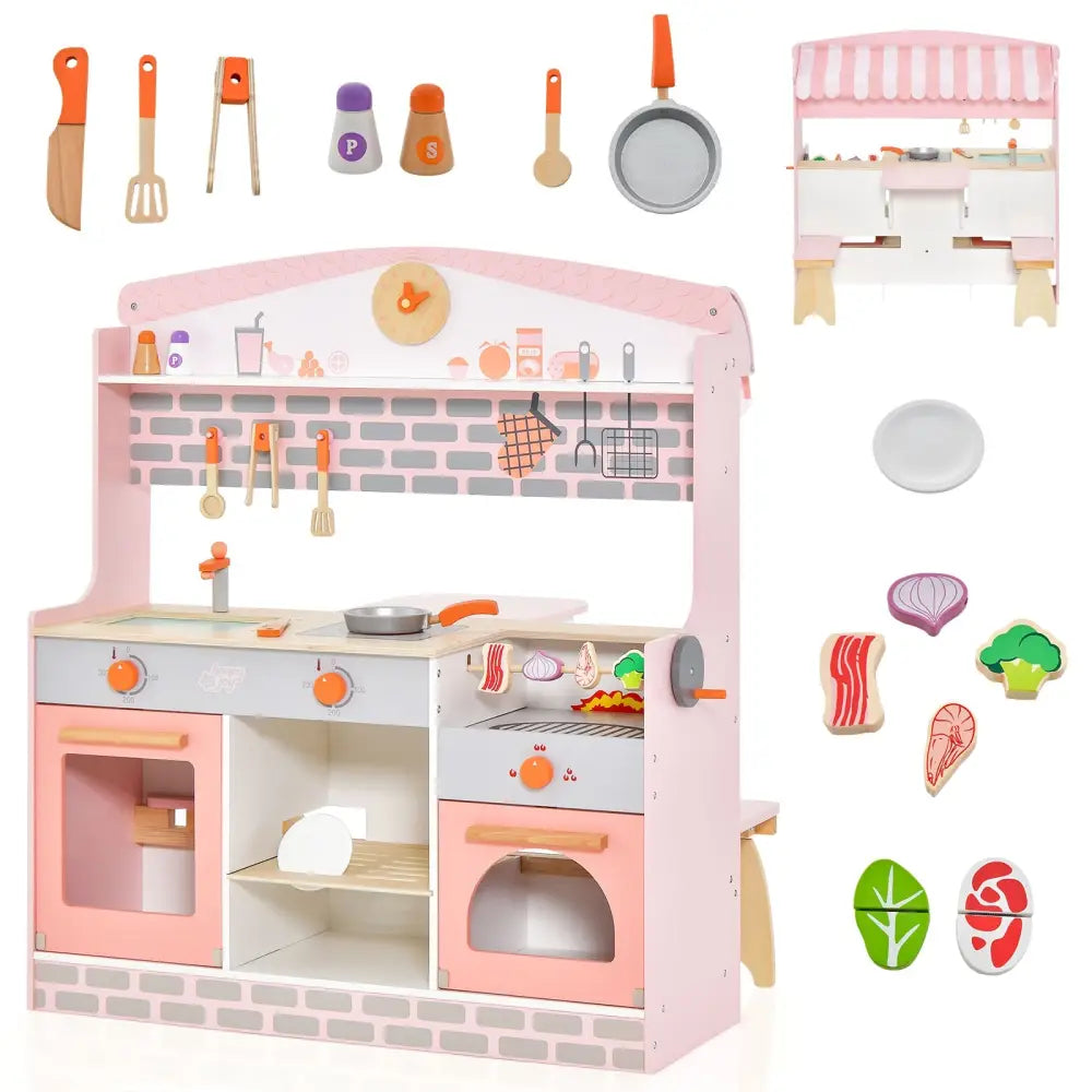 Double-Sided Kids Play Kitchen Set with Canopy and 2 Seats - Pink - Play Kitchen Sets