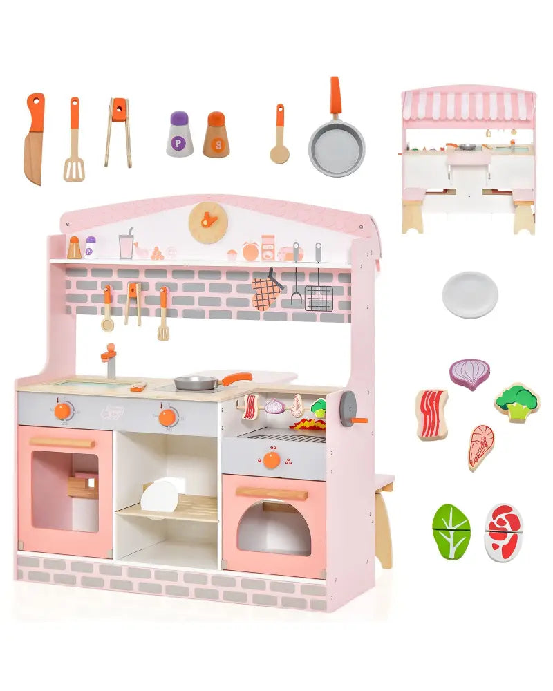 Double-Sided Kids Play Kitchen Set with Canopy and 2 Seats - Pink - Play Kitchen Sets