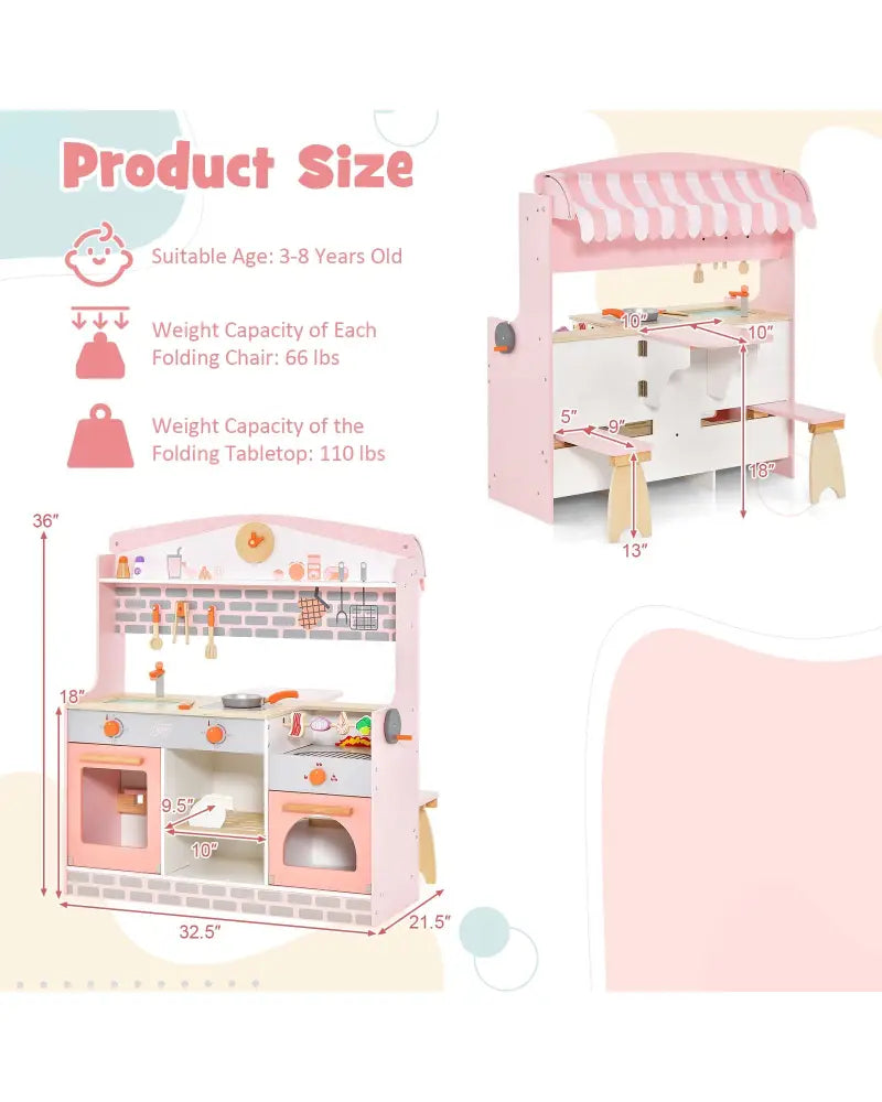 Double-Sided Kids Play Kitchen Set with Canopy and 2 Seats - Pink - Play Kitchen Sets