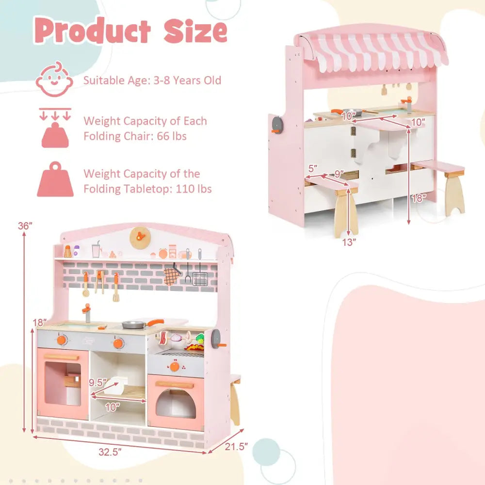 Double-Sided Kids Play Kitchen Set with Canopy and 2 Seats - Pink - Play Kitchen Sets