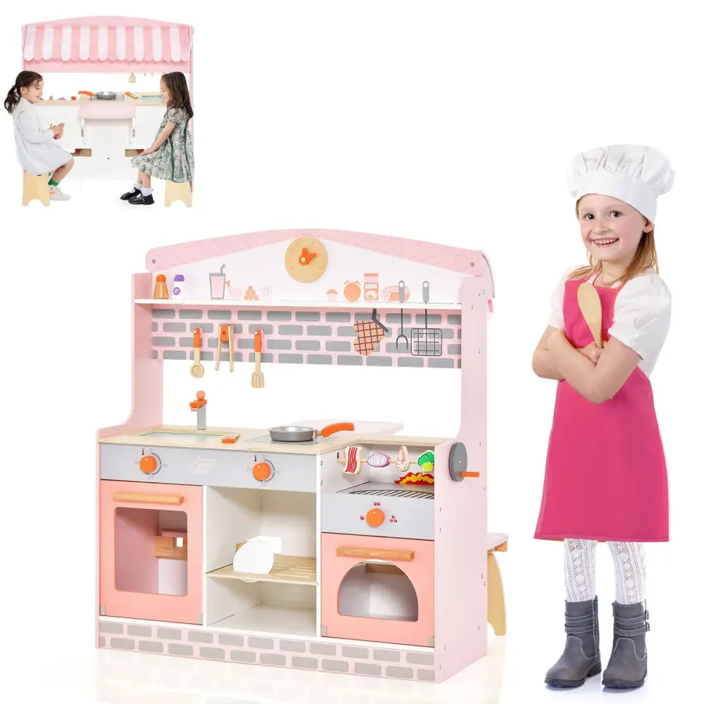 Double-Sided Kids Play Kitchen Set with Canopy and 2 Seats - Pink - Play Kitchen Sets