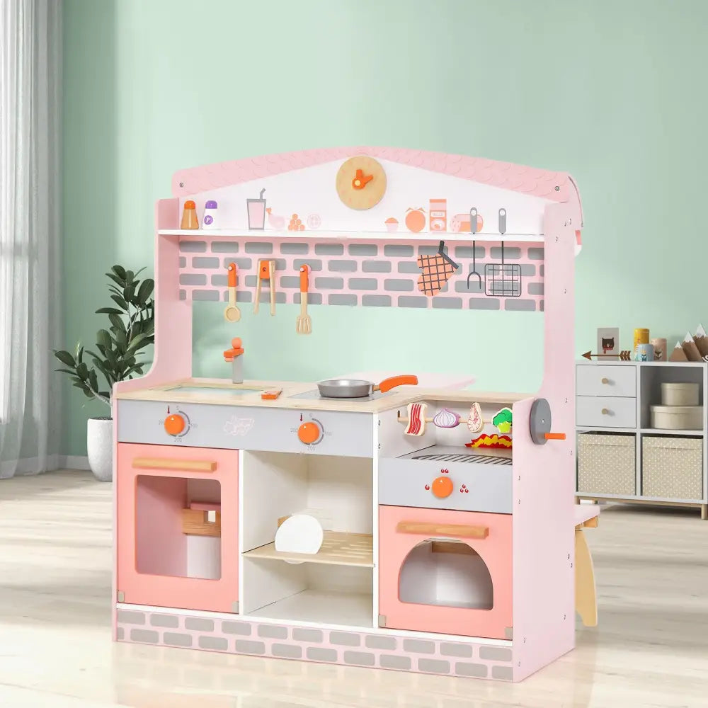 Double-Sided Kids Play Kitchen Set with Canopy and 2 Seats - Pink - Play Kitchen Sets