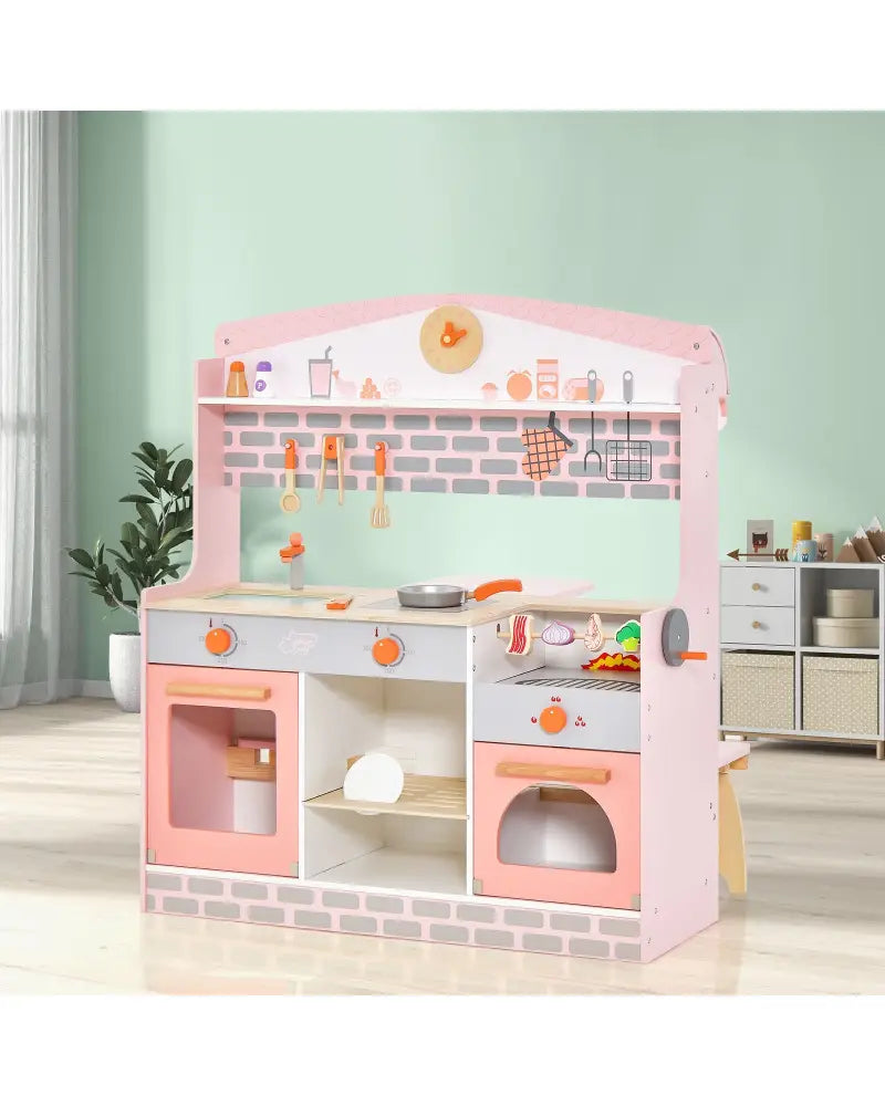 Double-Sided Kids Play Kitchen Set with Canopy and 2 Seats - Pink - Play Kitchen Sets