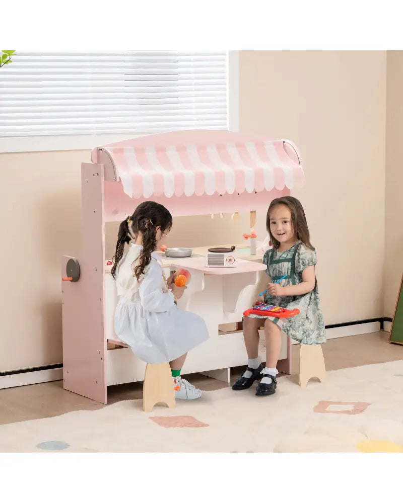 Double-Sided Kids Play Kitchen Set with Canopy and 2 Seats - Pink - Play Kitchen Sets