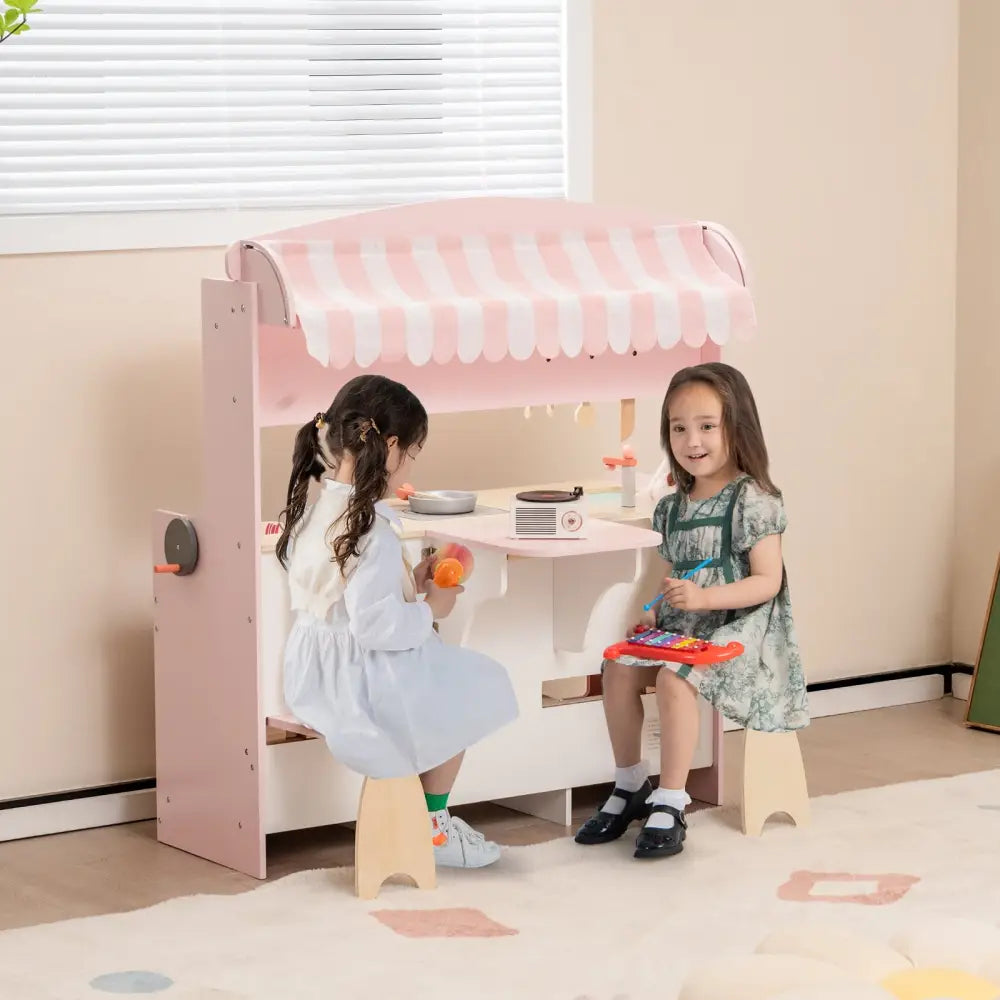 Double-Sided Kids Play Kitchen Set with Canopy and 2 Seats - Pink - Play Kitchen Sets