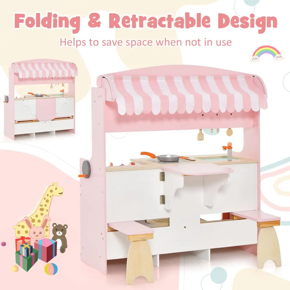 Double-Sided Kids Play Kitchen Set with Canopy and 2 Seats - Pink - Play Kitchen Sets
