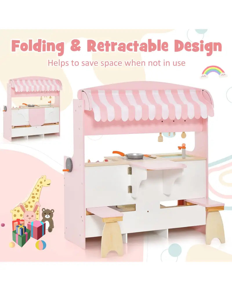 Double-Sided Kids Play Kitchen Set with Canopy and 2 Seats - Pink - Play Kitchen Sets