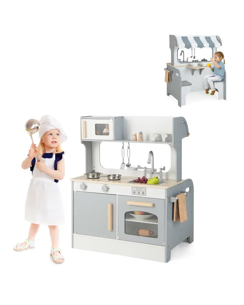 Double Sided Kids Pretend Kitchen Playset with 2-Seat Cafe-Gray - Gray - Play Kitchen Sets