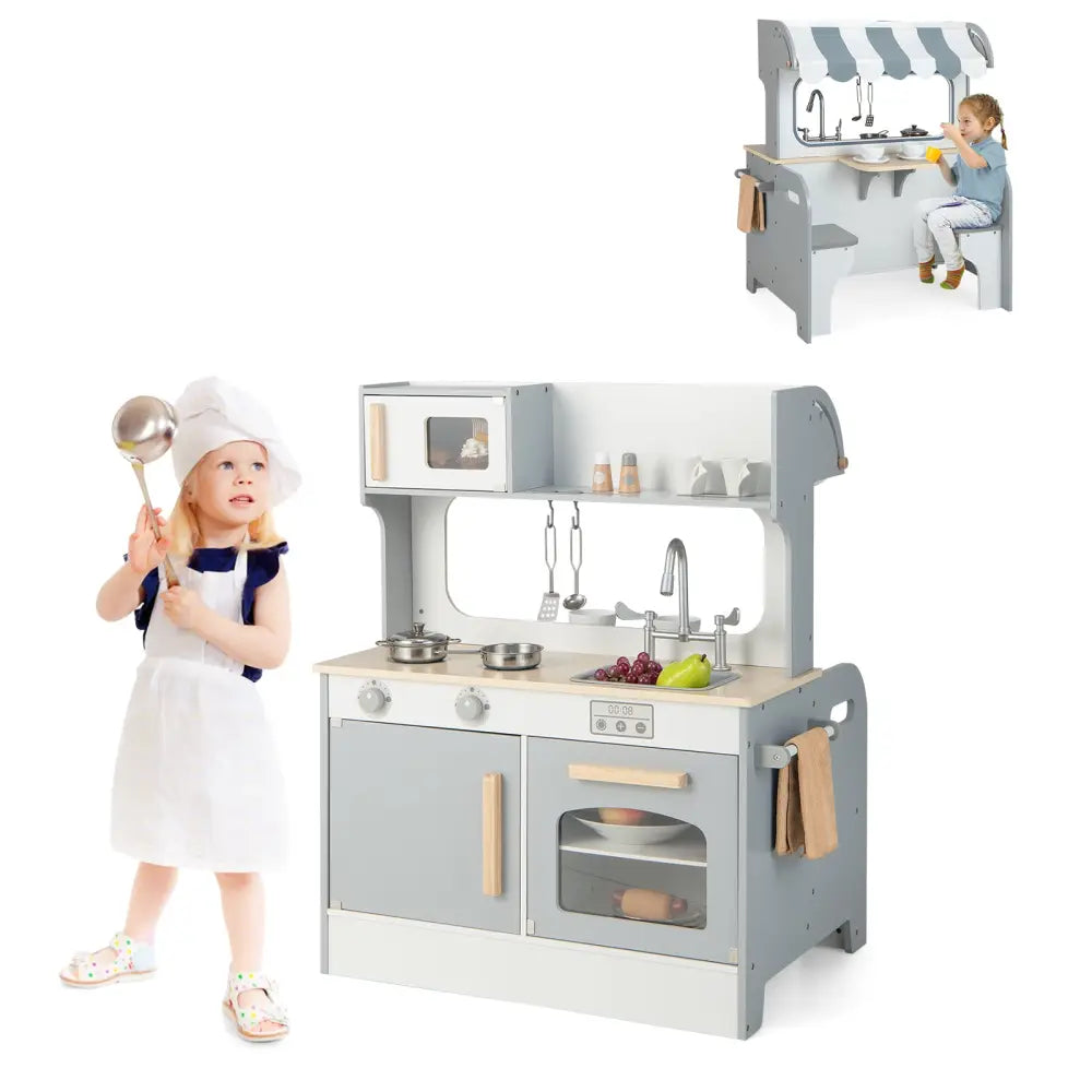 Double Sided Kids Pretend Kitchen Playset with 2-Seat Cafe-Gray - Gray - Play Kitchen Sets