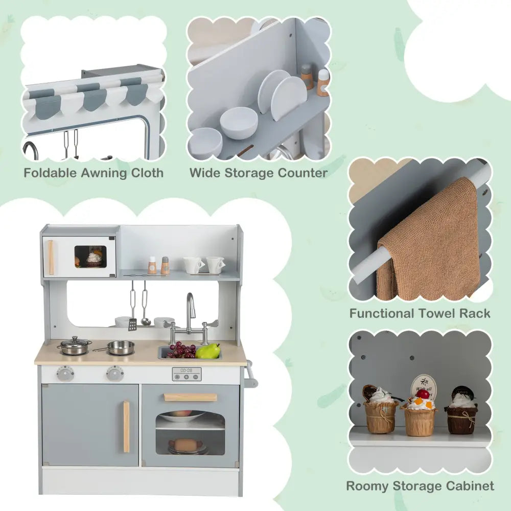 Double Sided Kids Pretend Kitchen Playset with 2-Seat Cafe-Gray - Gray - Play Kitchen Sets