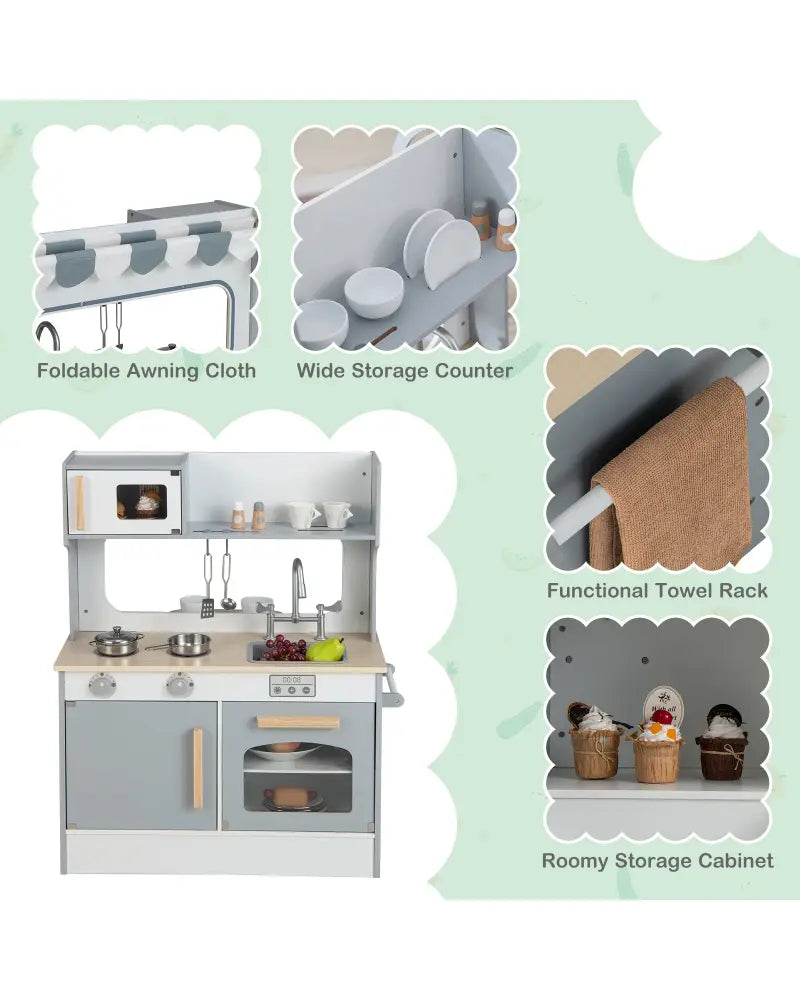 Double Sided Kids Pretend Kitchen Playset with 2-Seat Cafe-Gray - Gray - Play Kitchen Sets