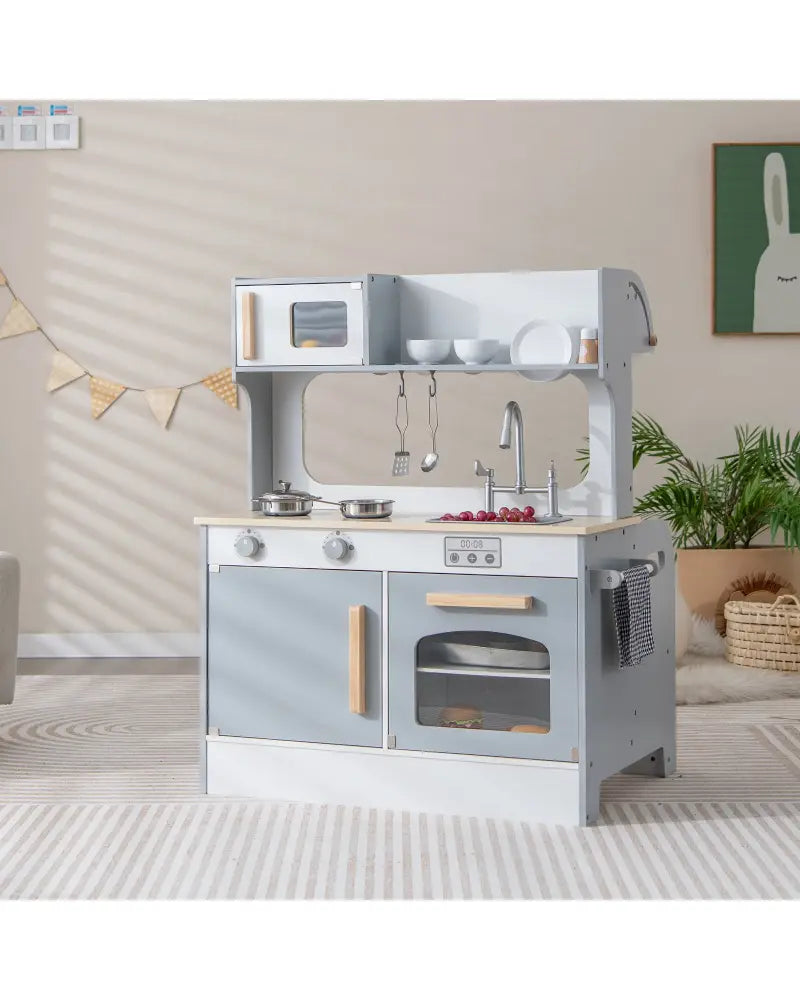 Double Sided Kids Pretend Kitchen Playset with 2-Seat Cafe-Gray - Gray - Play Kitchen Sets