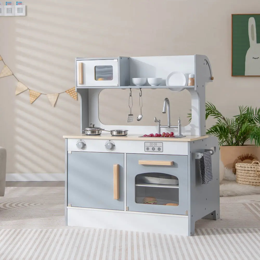 Double Sided Kids Pretend Kitchen Playset with 2-Seat Cafe-Gray - Gray - Play Kitchen Sets