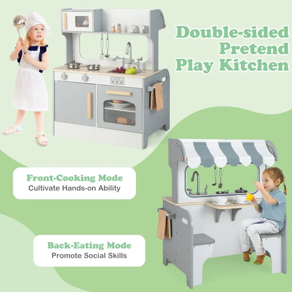 Double Sided Kids Pretend Kitchen Playset with 2-Seat Cafe-Gray - Gray - Play Kitchen Sets