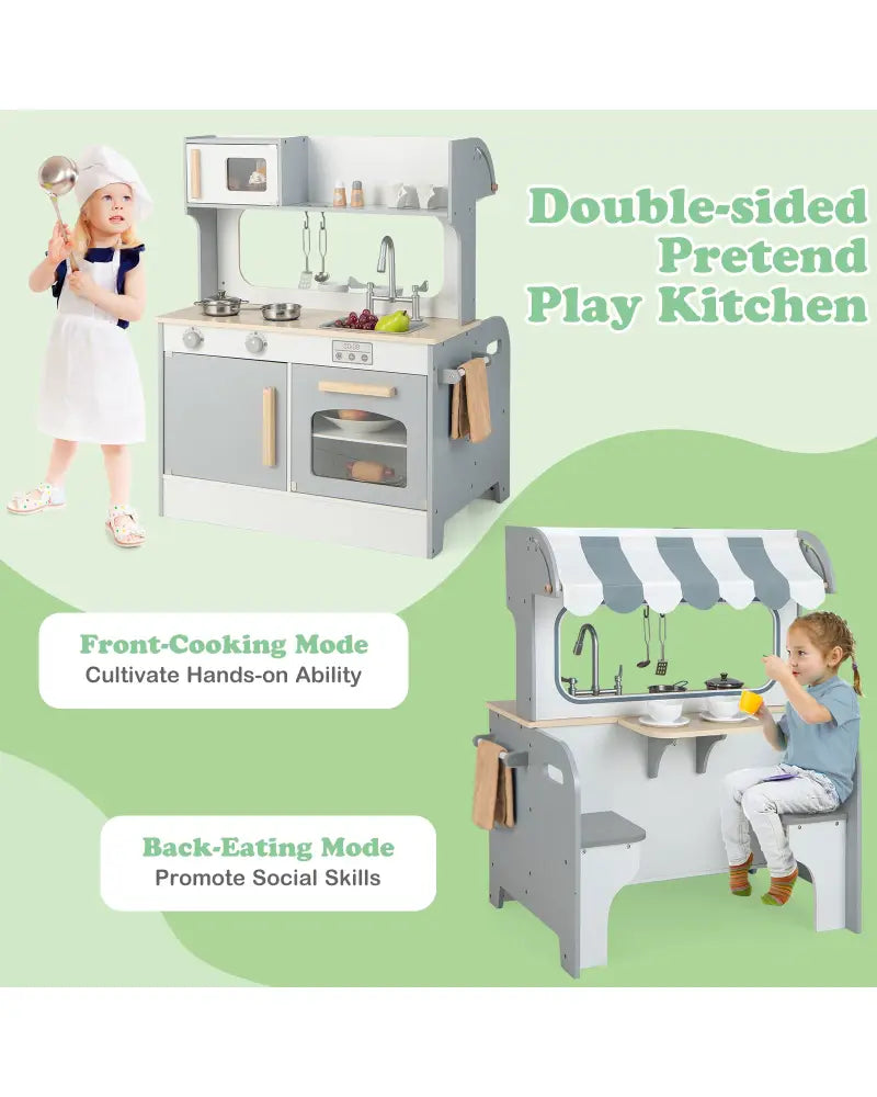 Double Sided Kids Pretend Kitchen Playset with 2-Seat Cafe-Gray - Gray - Play Kitchen Sets