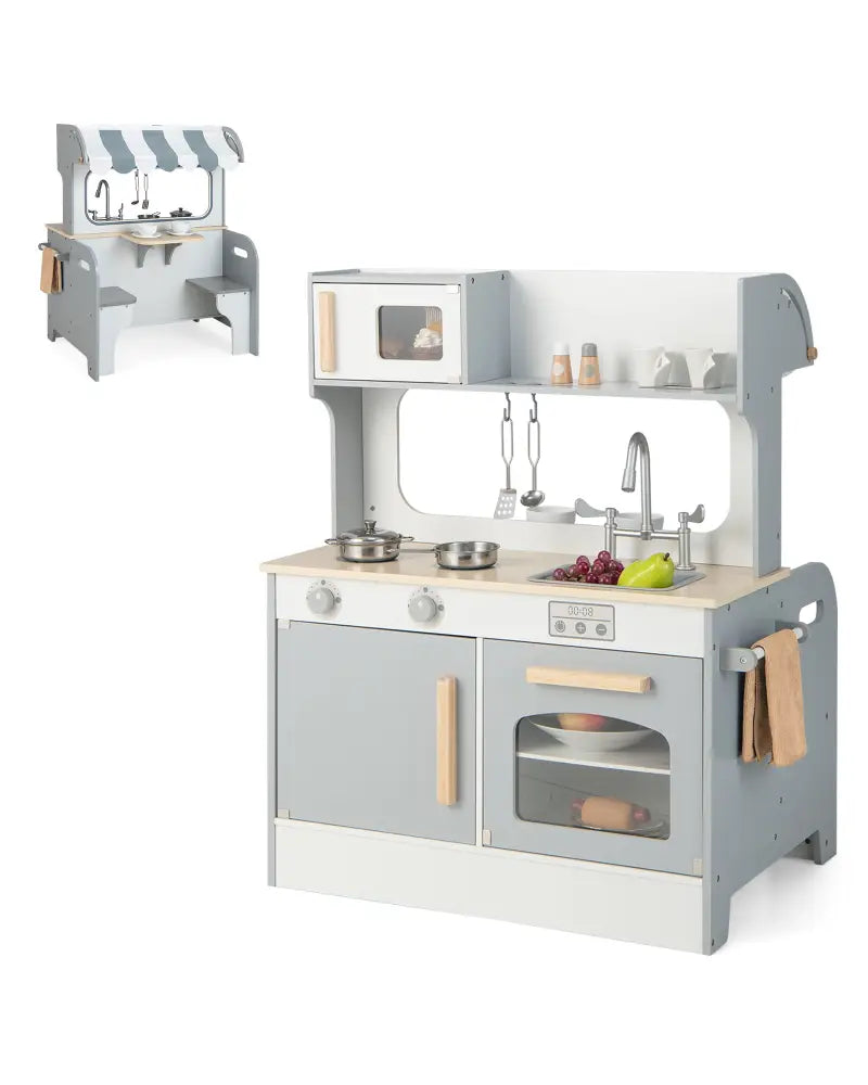 Double Sided Kids Pretend Kitchen Playset with 2-Seat Cafe-Gray - Gray - Play Kitchen Sets