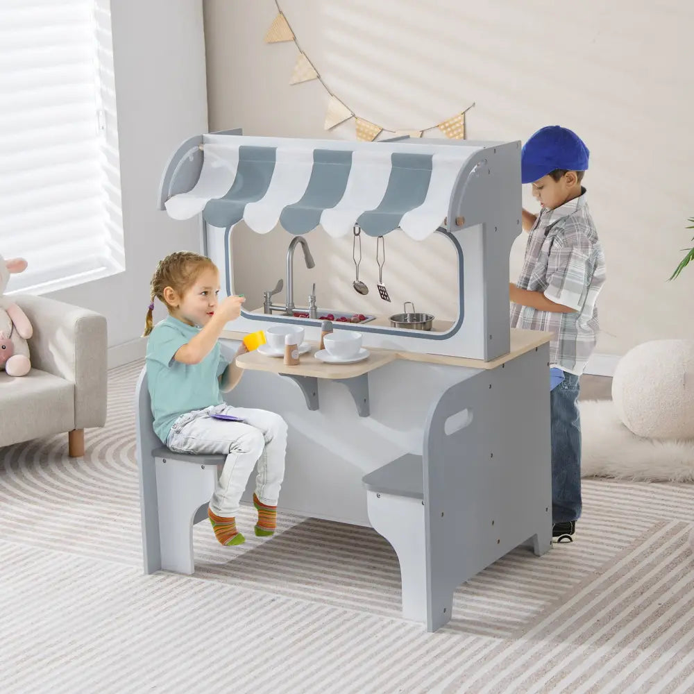 Double Sided Kids Pretend Kitchen Playset with 2-Seat Cafe-Gray - Gray - Play Kitchen Sets