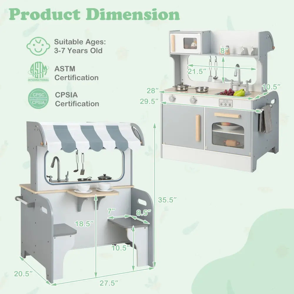 Double Sided Kids Pretend Kitchen Playset with 2-Seat Cafe-Gray - Gray - Play Kitchen Sets