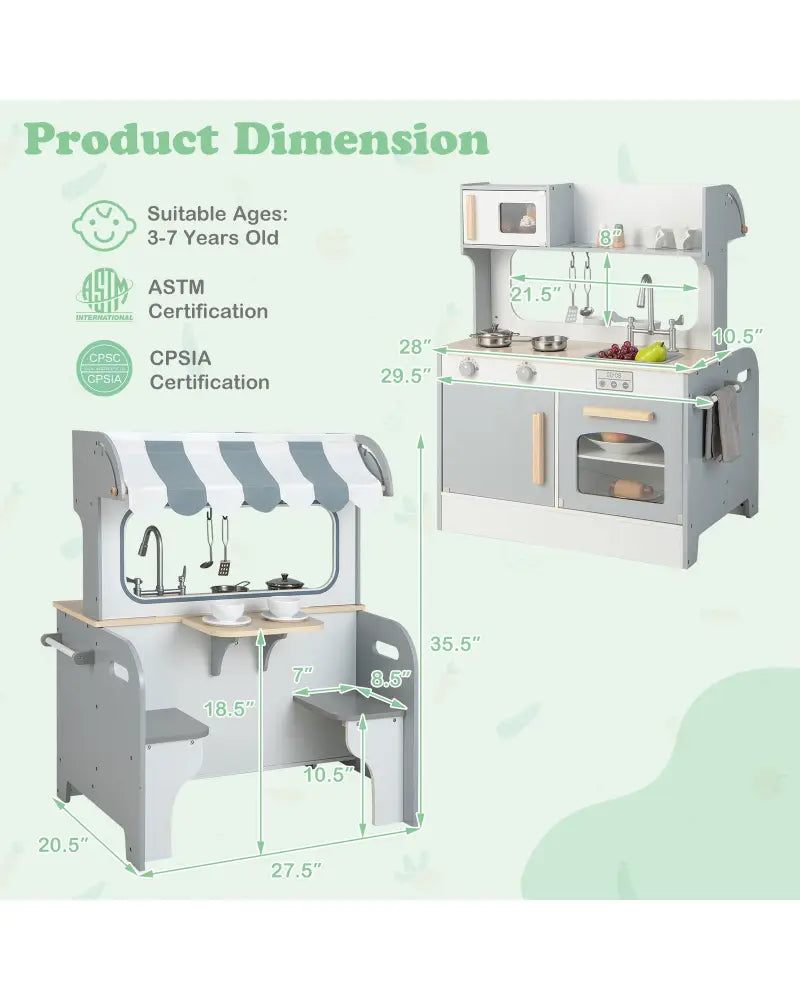 Double Sided Kids Pretend Kitchen Playset with 2-Seat Cafe-Gray - Gray - Play Kitchen Sets