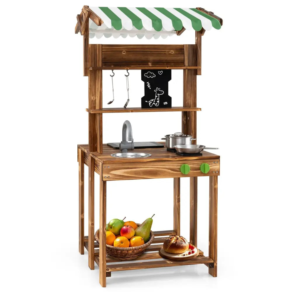 Double-Sided Mud Kitchen with Canopy and Chalkboard for 3+ Years Old-Natural - Natural - Play Kitchen Sets