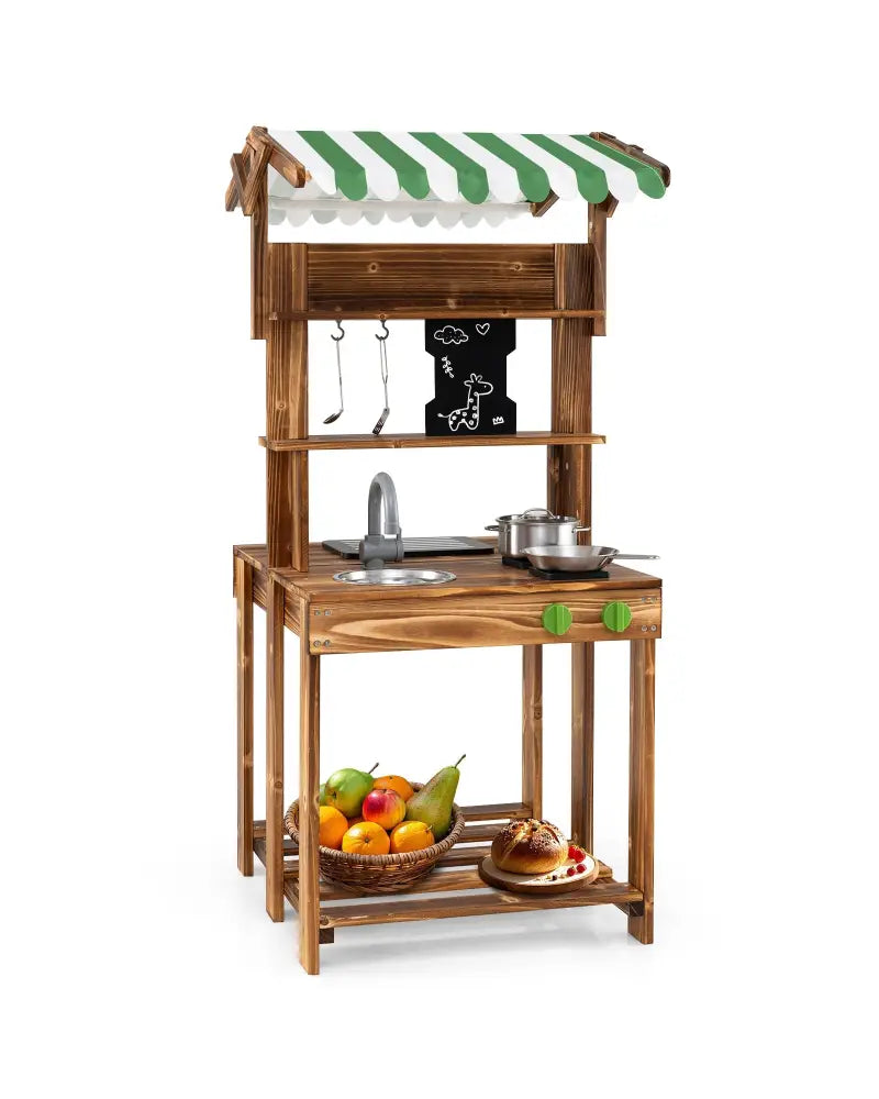 Double-Sided Mud Kitchen with Canopy and Chalkboard for 3+ Years Old-Natural - Natural - Play Kitchen Sets