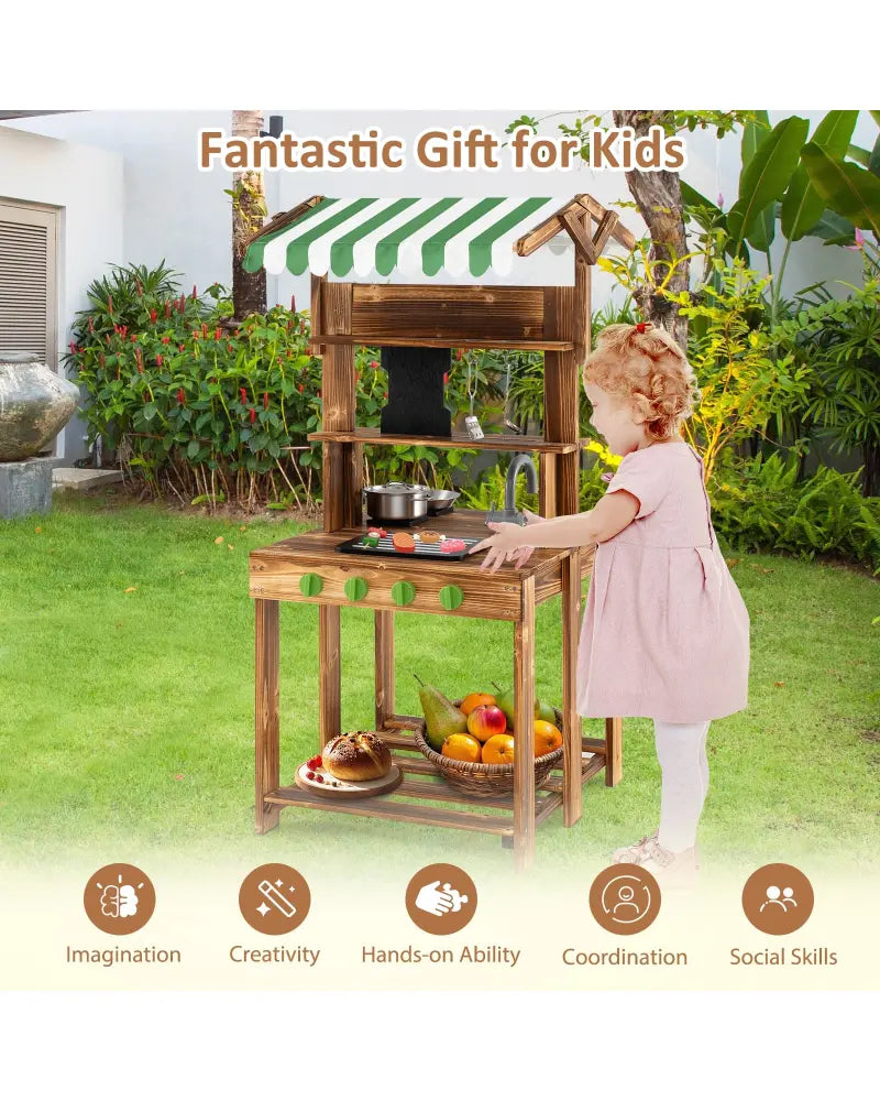 Double-Sided Mud Kitchen with Canopy and Chalkboard for 3+ Years Old-Natural - Natural - Play Kitchen Sets