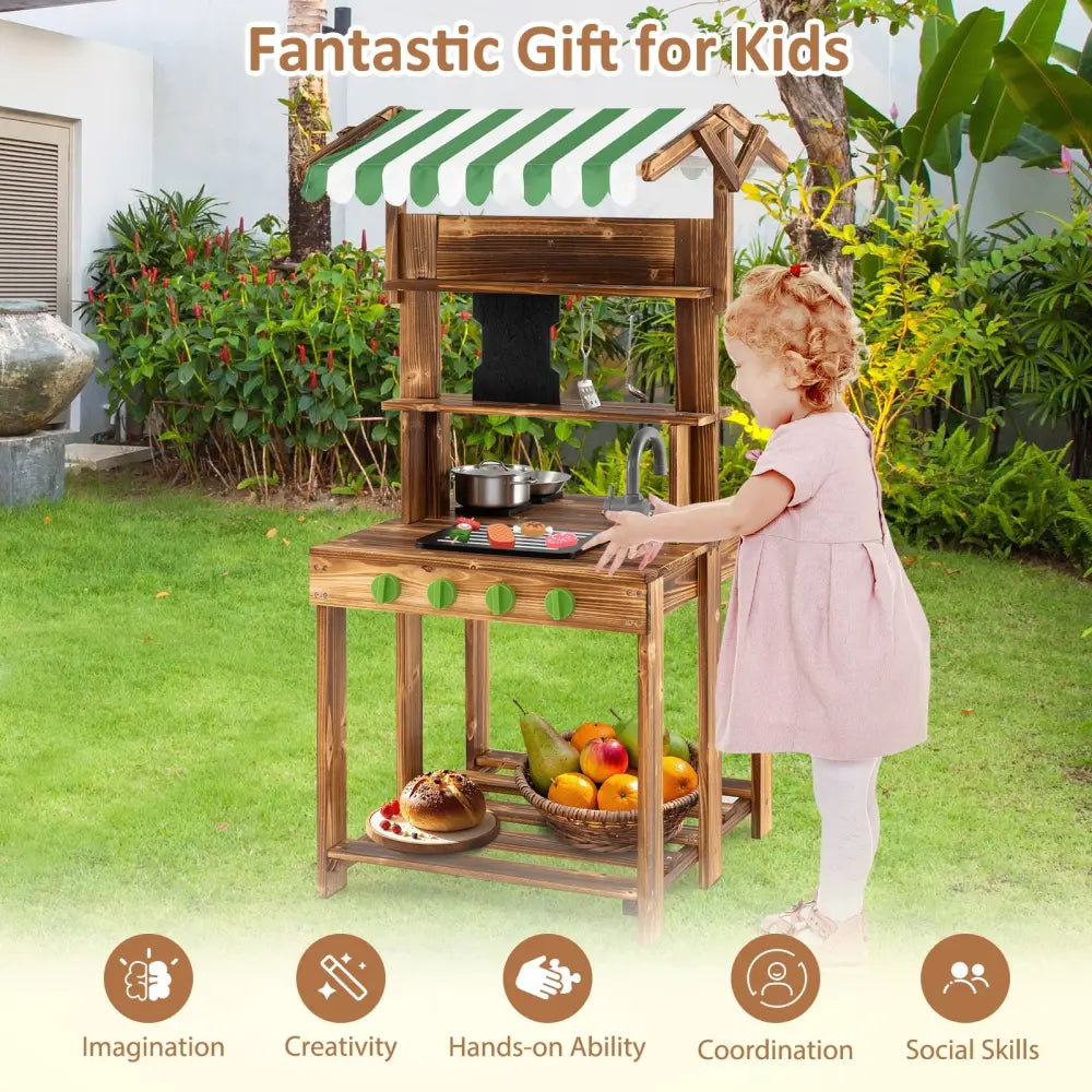 Double-Sided Mud Kitchen with Canopy and Chalkboard for 3+ Years Old-Natural - Natural - Play Kitchen Sets