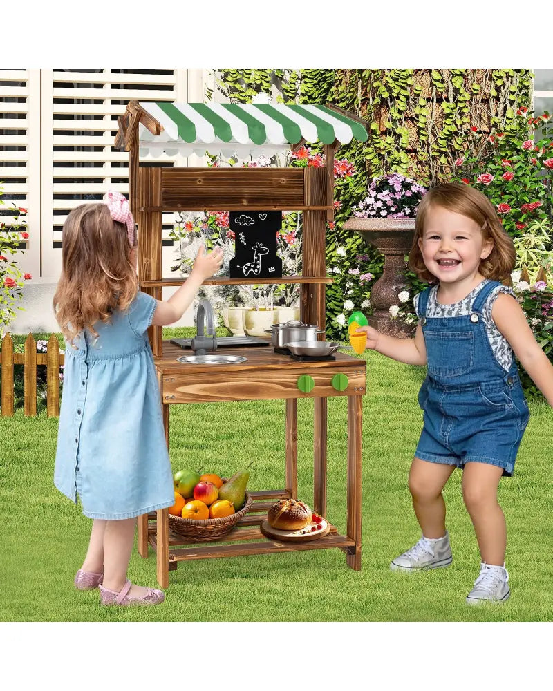 Double-Sided Mud Kitchen with Canopy and Chalkboard for 3+ Years Old-Natural - Natural - Play Kitchen Sets