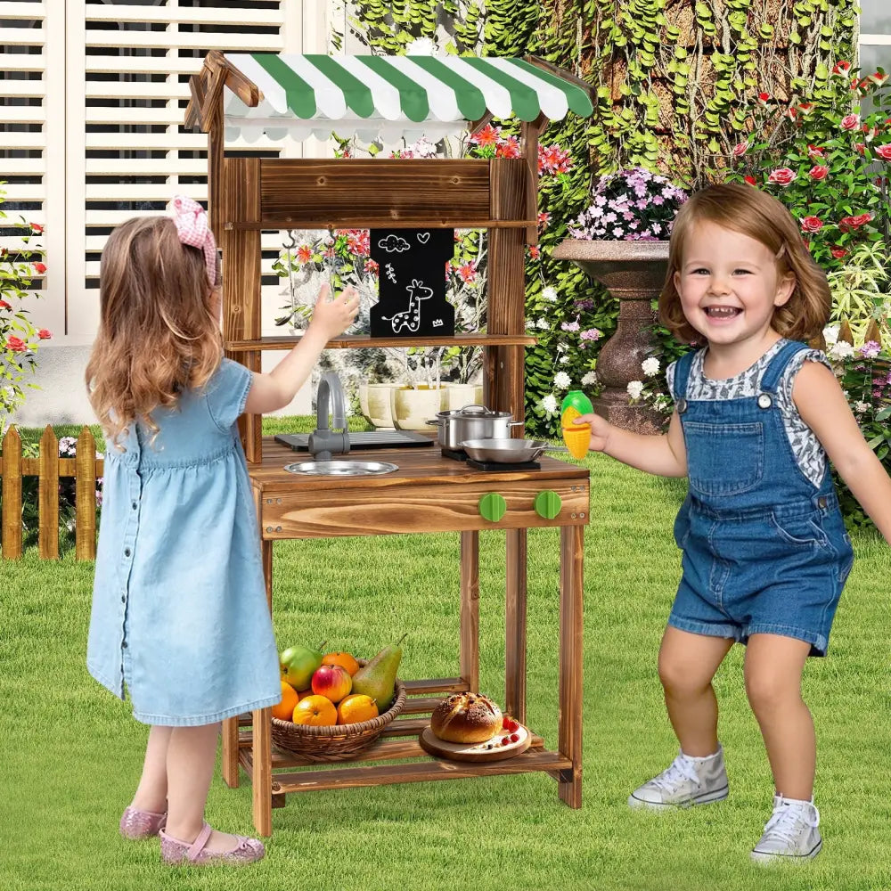 Double-Sided Mud Kitchen with Canopy and Chalkboard for 3+ Years Old-Natural - Natural - Play Kitchen Sets