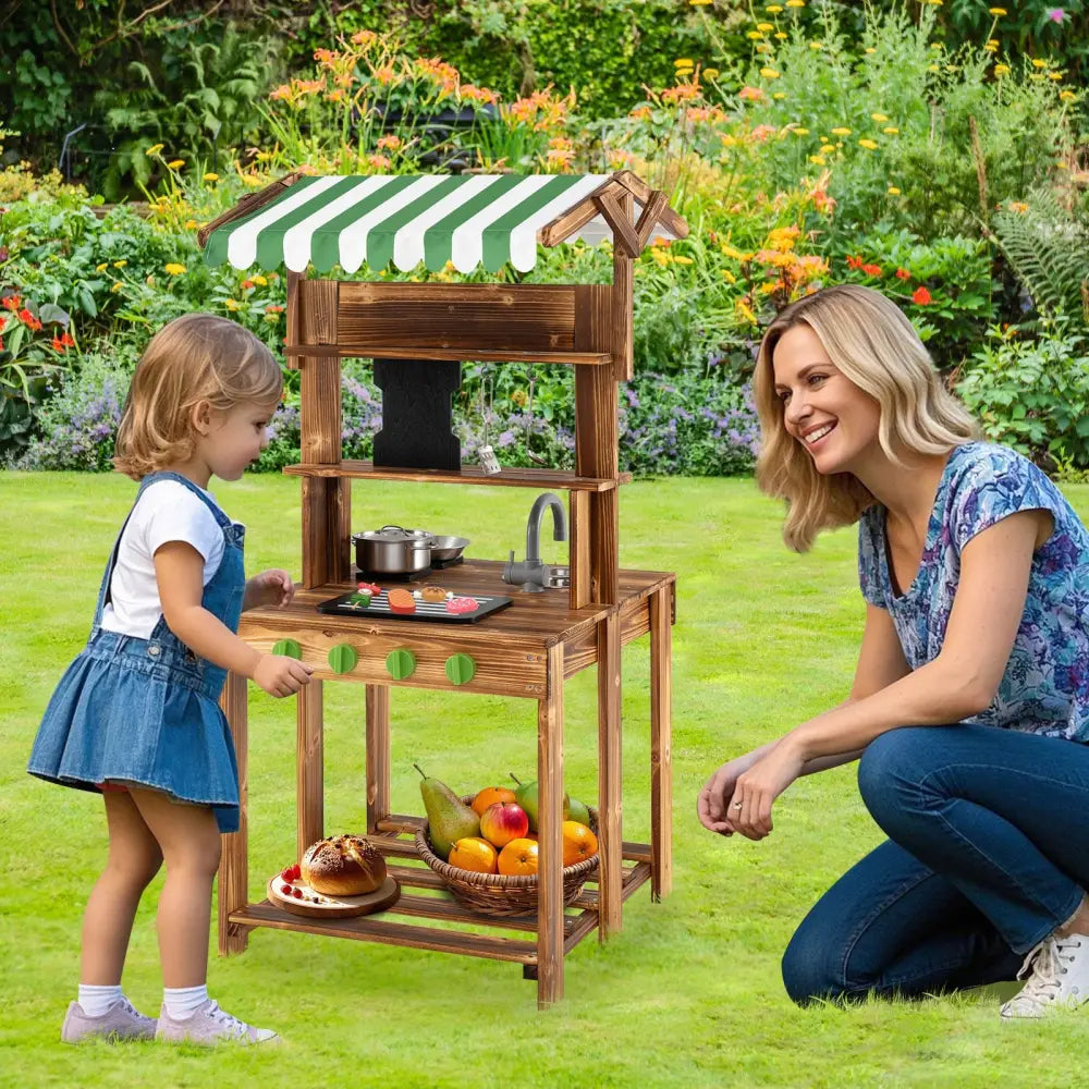 Double-Sided Mud Kitchen with Canopy and Chalkboard for 3+ Years Old-Natural - Natural - Play Kitchen Sets