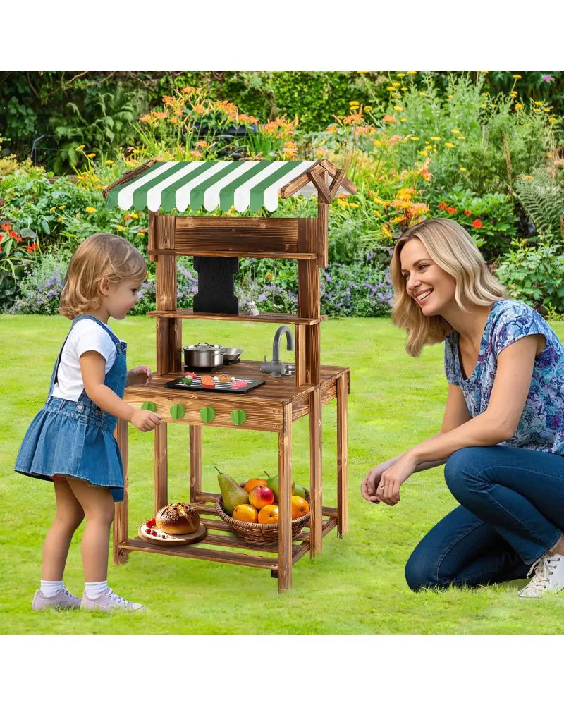Double-Sided Mud Kitchen with Canopy and Chalkboard for 3+ Years Old-Natural - Natural - Play Kitchen Sets