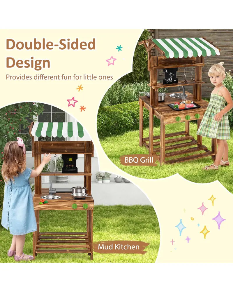 Double-Sided Mud Kitchen with Canopy and Chalkboard for 3+ Years Old-Natural - Natural - Play Kitchen Sets