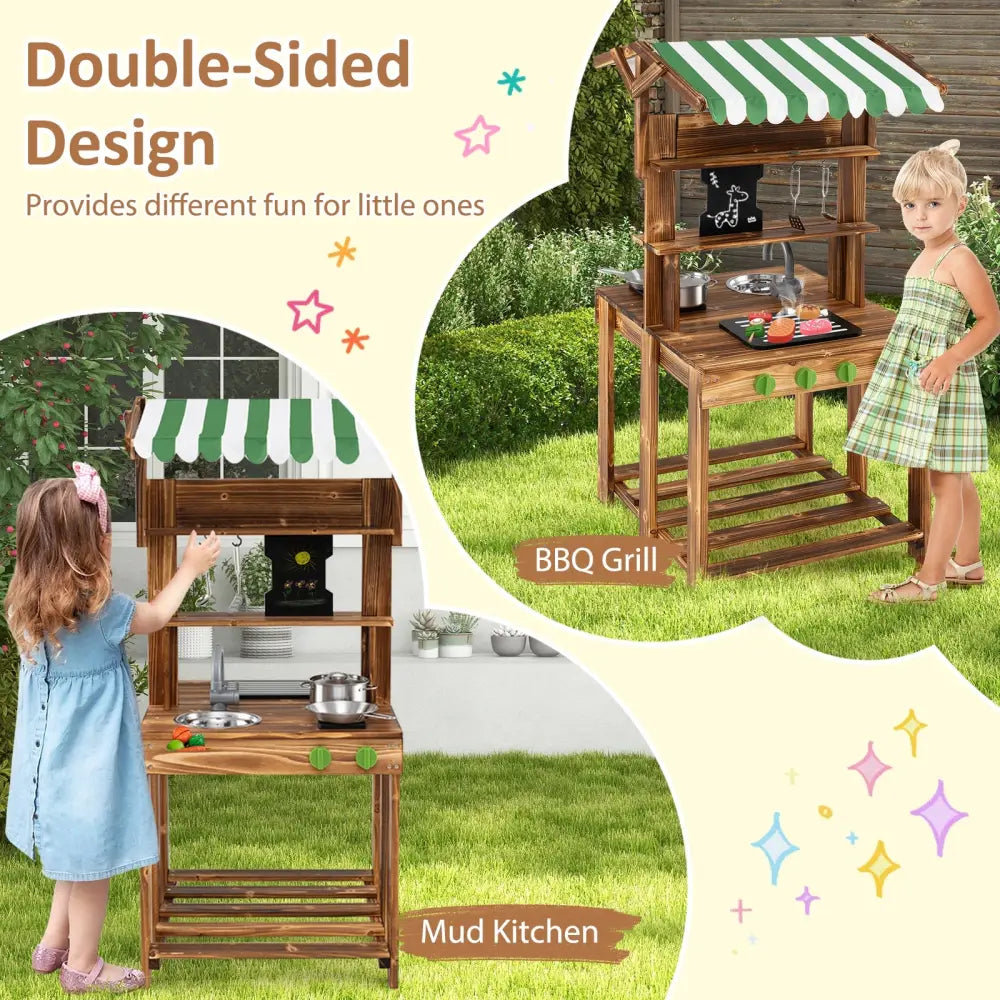 Double-Sided Mud Kitchen with Canopy and Chalkboard for 3+ Years Old-Natural - Natural - Play Kitchen Sets