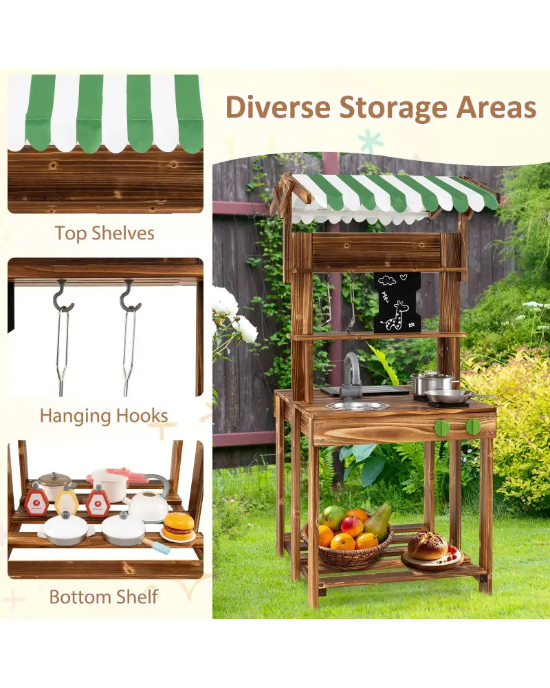 Double-Sided Mud Kitchen with Canopy and Chalkboard for 3+ Years Old-Natural - Natural - Play Kitchen Sets
