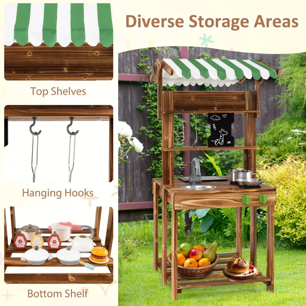 Double-Sided Mud Kitchen with Canopy and Chalkboard for 3+ Years Old-Natural - Natural - Play Kitchen Sets