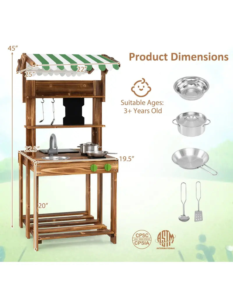 Double-Sided Mud Kitchen with Canopy and Chalkboard for 3+ Years Old-Natural - Natural - Play Kitchen Sets
