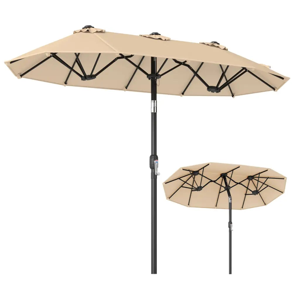 Double-Sided Patio Umbrella with Push Button Tilt Crank Handle-Beige - Beige - Outdoor Umbrellas