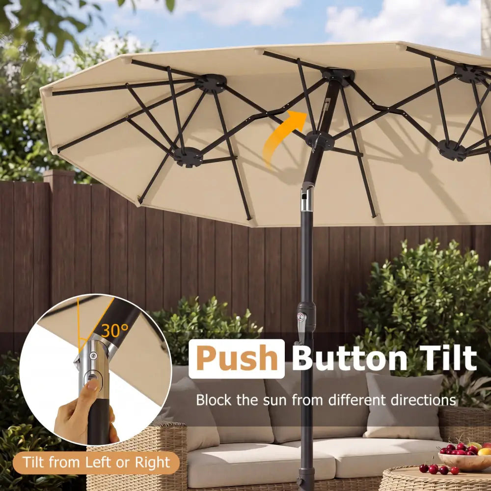 Double-Sided Patio Umbrella with Push Button Tilt Crank Handle-Beige - Beige - Outdoor Umbrellas