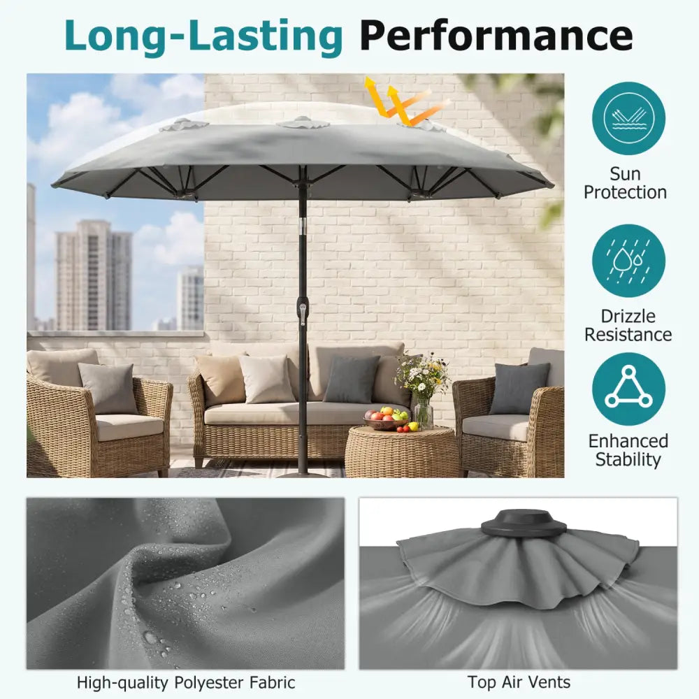 Double-Sided Patio Umbrella with Push Button Tilt Crank Handle-Gray - Gray - Outdoor Umbrellas