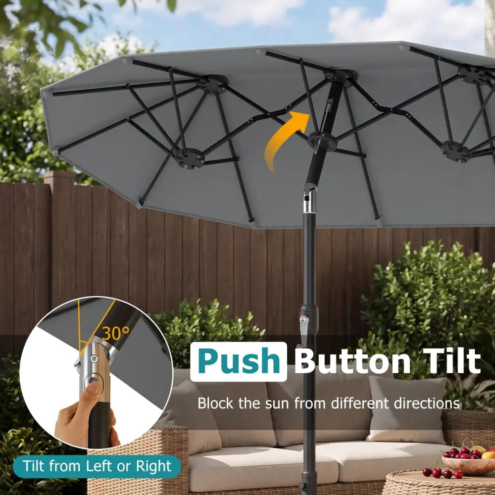 Double-Sided Patio Umbrella with Push Button Tilt Crank Handle-Gray - Gray - Outdoor Umbrellas