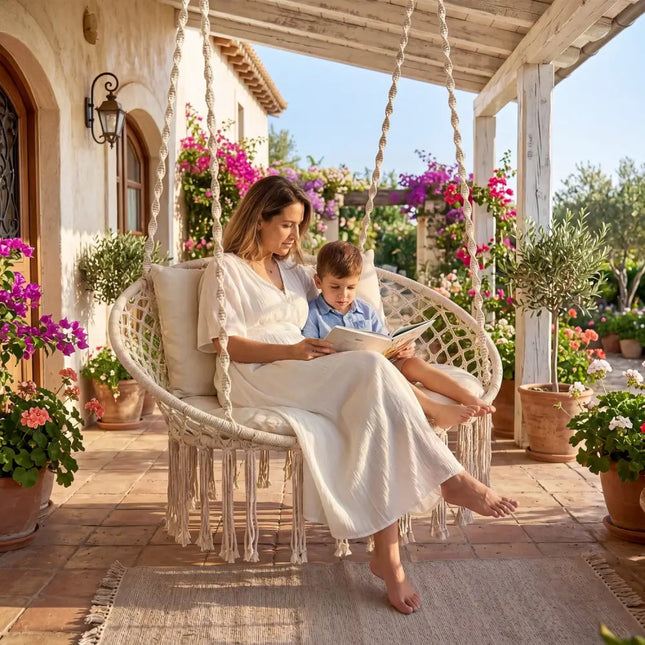 Double Swing Chair with Cushions Macrame Hanging Hammock Chair for Indoor and Outdoor Use-Beige - Beige - Hammocks
