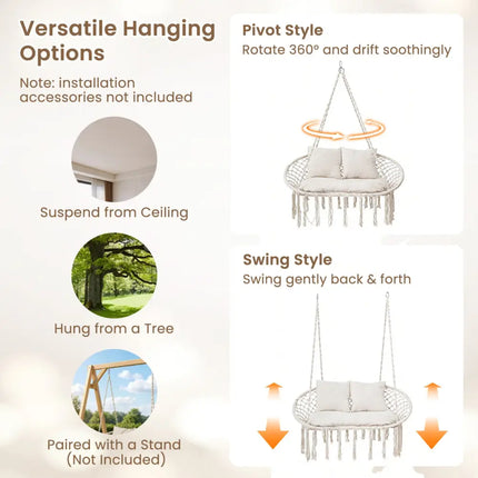 Double Swing Chair with Cushions Macrame Hanging Hammock Chair for Indoor and Outdoor Use-Beige - Beige - Hammocks