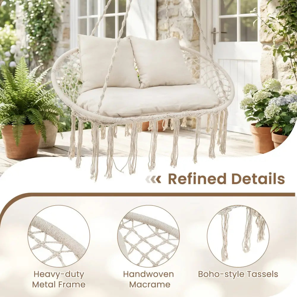 Double Swing Chair with Cushions Macrame Hanging Hammock Chair for Indoor and Outdoor Use-Beige - Beige - Hammocks