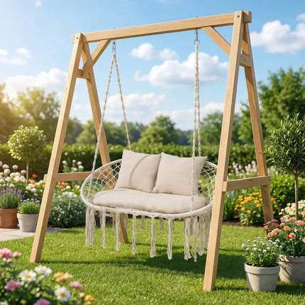 Double Swing Chair with Cushions Macrame Hanging Hammock Chair for Indoor and Outdoor Use-Beige - Beige - Hammocks