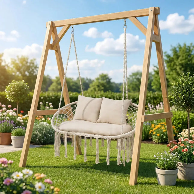Double Swing Chair with Cushions Macrame Hanging Hammock Chair for Indoor and Outdoor Use-Beige - Beige - Hammocks